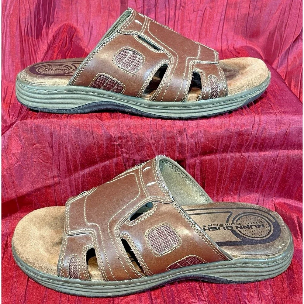 Mens Nunn Bush Brown Faux Leather Slip On Glides Sandals sz 8M